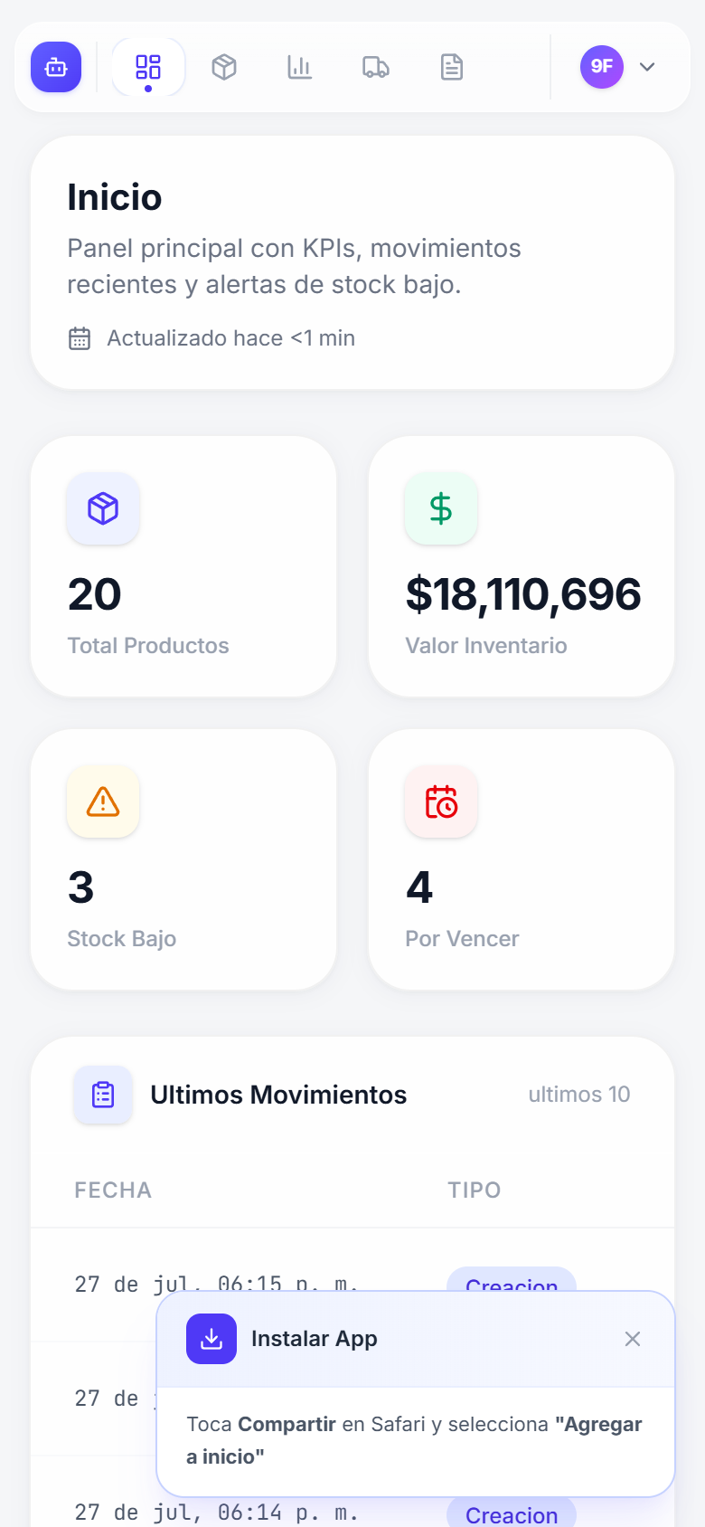 Vista móvil: Inicio