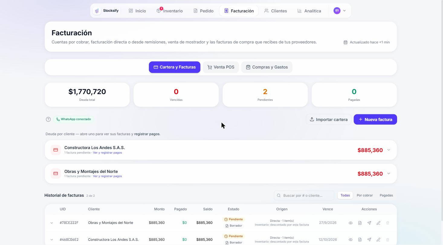 La cartera: cuánto le deben en total, qué está vencido y la deuda abierta de cada cliente. El cobro sale por WhatsApp desde la misma pantalla.