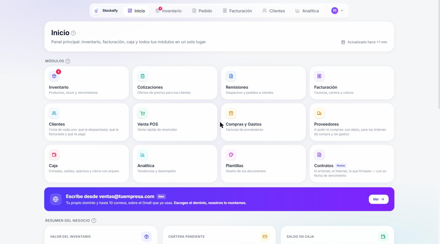 Todo lo que hace el sistema, en la primera pantalla: inventario, cotizaciones, remisiones, facturación, clientes, punto de venta, compras, proveedores, caja, analítica, plantillas y contratos.